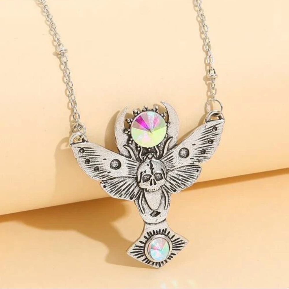 New Stainless Steel Butterfly Skull Rainbow Gemstone Pendant Necklace - Picture 3 of 11
